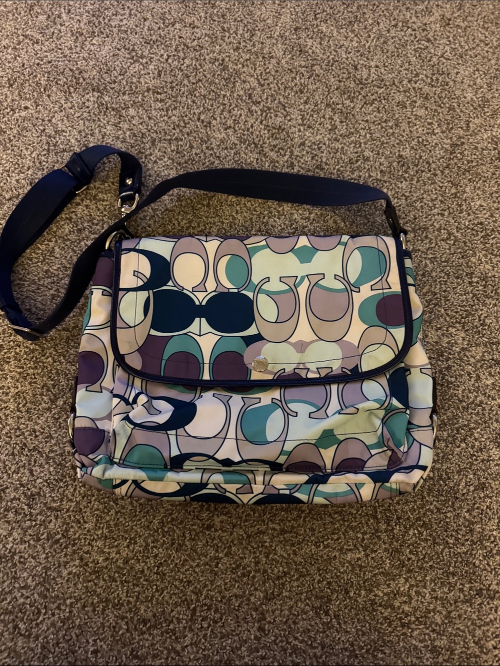 Coach Baby Messenger, style F18840 Signature Crossbody-Navy/Teal/Purple/Cream